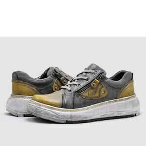 NEW KCR GROUP women's retro zip-up leather shoes in grey & yellow